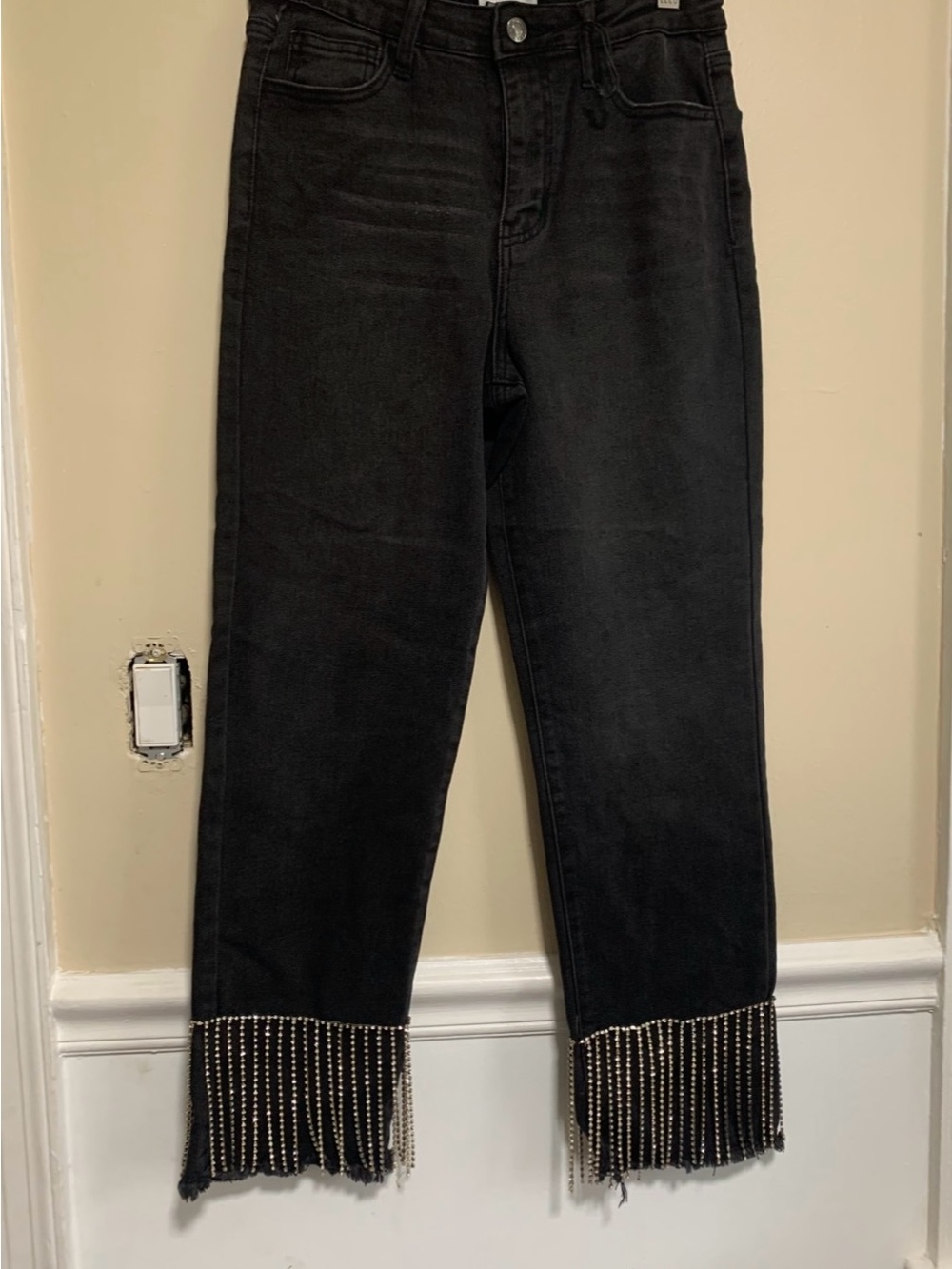 Forever 21 Rhinestone Fringe High-Rise Straight Jeans Black Size 28 / 6